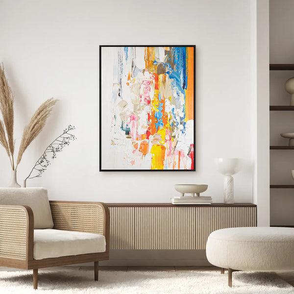 Leinwandbild handgemalt mit Acrylfarbe und Strukturpaste im Hochformat, Fluss der Gedanken, 150x200 mit Bilderrahmen in Eiche Dunkel