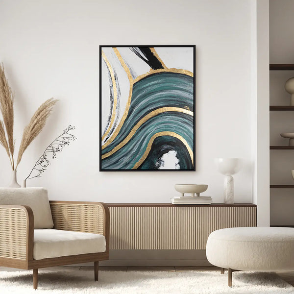 Leinwandbild handgemalt mit Acrylfarbe und Strukturpaste im Hochformat, Schleier der Wahrheit, 150x200 mit Bilderrahmen in Eiche Dunkel