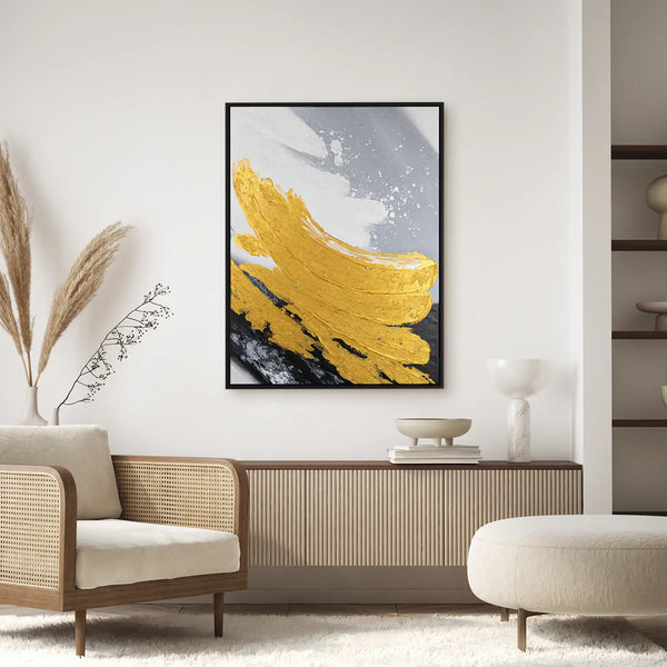 Leinwandbild handgemalt mit Acrylfarbe und Strukturpaste im Hochformat, Goldene Reflexionen, 150x200 mit Bilderrahmen in Eiche Dunkel