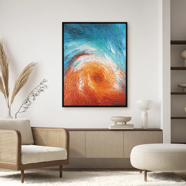 Leinwandbild handgemalt mit Acrylfarbe und Strukturpaste im Hochformat, Im Wirbel der Zeit, 150x200 mit Bilderrahmen in Eiche Dunkel