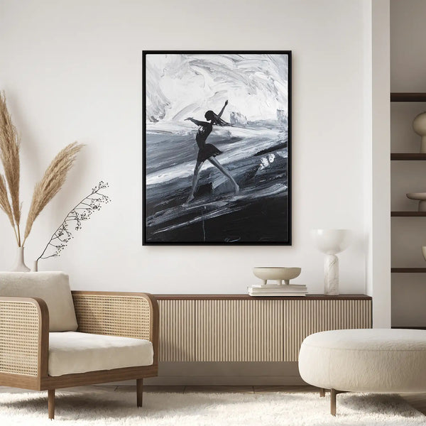 Leinwandbild handgemalt mit Acrylfarbe und Strukturpaste im Hochformat, Die Taenzerin, 150x200 mit Bilderrahmen in Eiche Dunkel