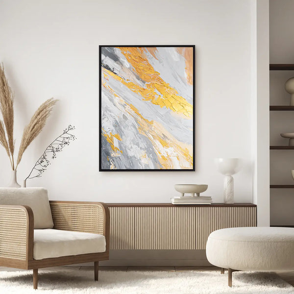 Leinwandbild handgemalt mit Acrylfarbe und Strukturpaste, Atem der Erde, 150x200 mit Bilderrahmen in Eiche Dunkel