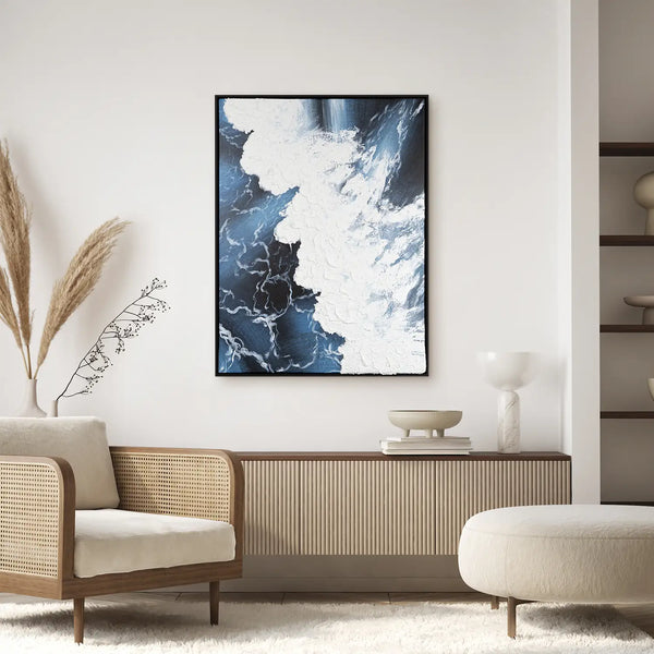 Leinwandbild handgemalt mit Acrylfarbe und Strukturpaste im Hochformat, Wellen des Seins, 150x200 mit Bilderrahmen in Eiche Dunkel