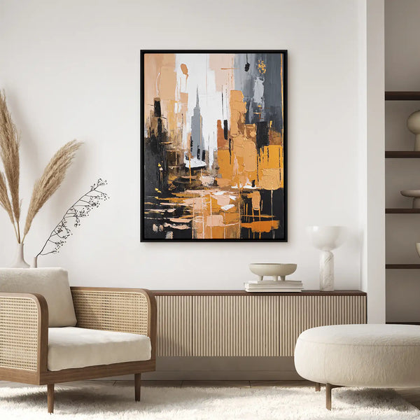 Leinwandbild handgemalt mit Acrylfarbe und Strukturpaste im Hochformat, Skyscraper, 150x200 mit Bilderrahmen in Eiche Dunkel