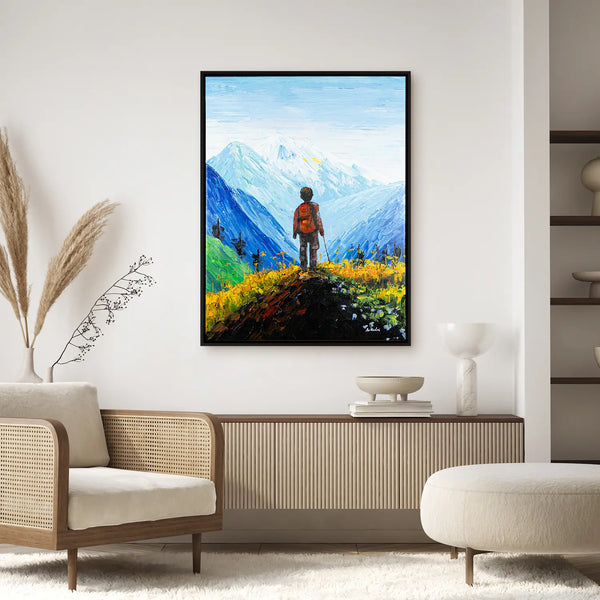 Leinwandbild handgemalt mit Acrylfarbe und Strukturpaste im Hochformat, Die Reise, 150x200 mit Bilderrahmen in Eiche Dunkel