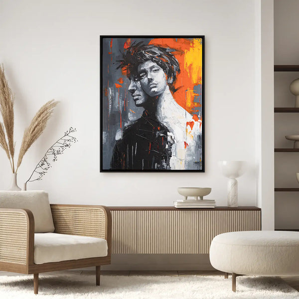 Leinwandbild handgemalt mit Acrylfarbe und Strukturpaste im Hochformat, Romulus and Remus, 150x200 mit Bilderrahmen in Eiche Dunkel