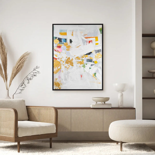 Leinwandbild handgemalt mit Acrylfarbe und Strukturpaste im Hochformat, Fragmente der Wahrheit, 150x200 mit Bilderrahmen in Eiche Dunkel