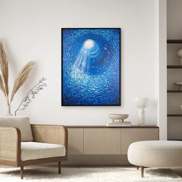 Leinwandbild handgemalt mit Acrylfarbe und Strukturpaste im Hochformat, Tiefen der Stille, 150x200 mit Bilderrahmen in Eiche Dunkel