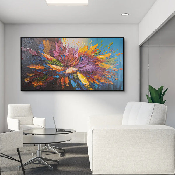 Leinwandbild handgemalt Gemälde mit Acrylfarbe und Strukturpaste im Panorama, Tanz der Farben, 200x100 mit Bilderrahmen in Eiche Dunkel