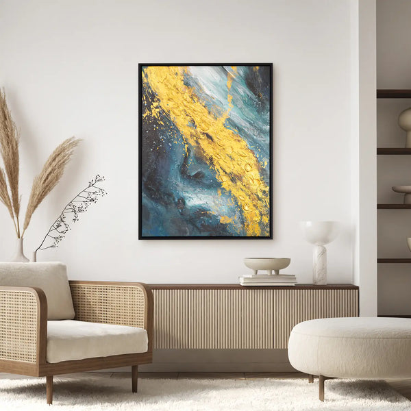 Leinwandbild handgemalt mit Acrylfarbe und Strukturpaste im Hochformat, Der Raum dazwischen, 150x200 mit Bilderrahmen in Eiche Dunkel
