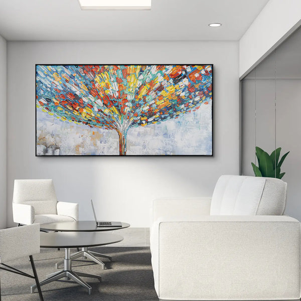 Leinwandbild handgemalt mit Acrylfarbe und Strukturpaste im Panorama, Klang der Stille, 100x200 mit Bilderrahmen in Eiche Dunkel