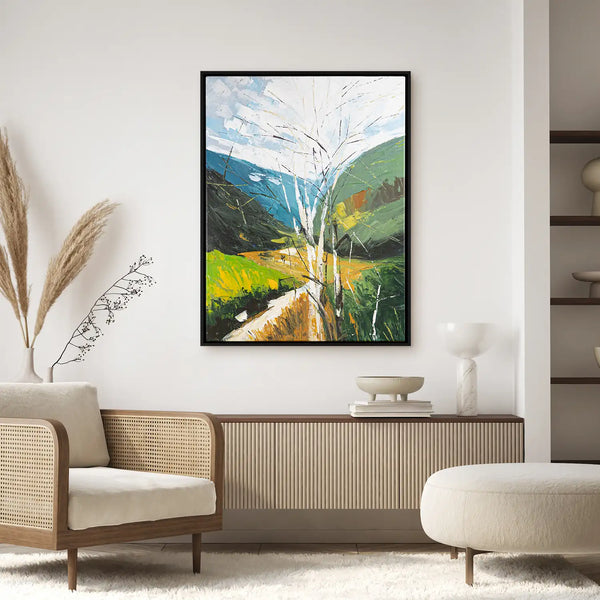 Leinwandbild handgemalt mit Acrylfarbe und Strukturpaste im Hochformat, fruehlingserwachen, 150x200 mit Bilderrahmen in Eiche Dunkel