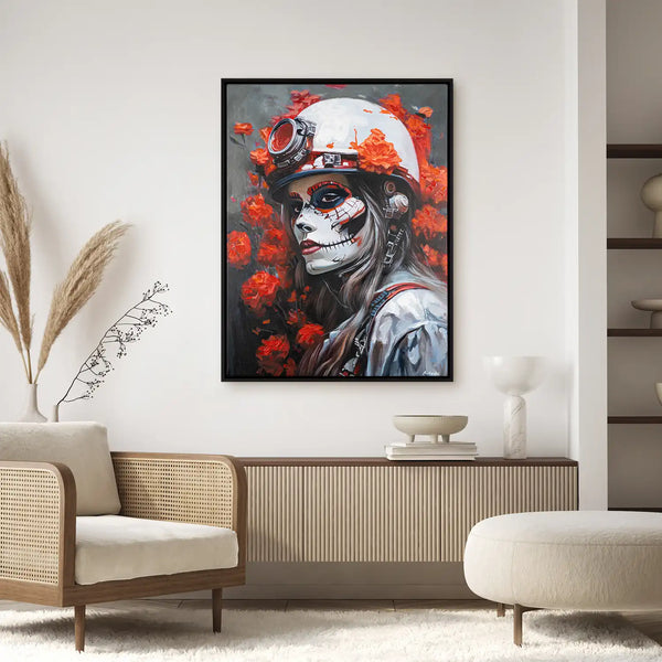 Leinwandbild handgemalt mit Acrylfarbe und Strukturpaste im Hochformat, Bluete der Schattenkriegerin, 150x200 mit Bilderrahmen in Eiche Dunkel