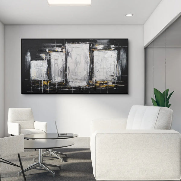 Leinwandbild handgemalt Gemälde mit Acrylfarbe und Strukturpaste im Panorama, Dunkle Eleganz, 200x100 mit Bilderrahmen in Eiche Dunkel