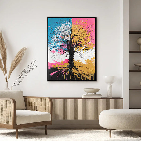 Leinwandbild handgemalt mit Acrylfarbe und Strukturpaste im Hochformat, Chromatischer Wipfel, 150x200 mit Bilderrahmen in Eiche Dunkel