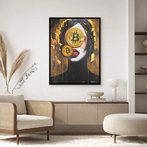 Leinwandbild handgemalt mit Acrylfarbe und Strukturpaste im Hochformat, Der Schleier des Reichtums, 150x200 mit Bilderrahmen in Eiche Dunkel