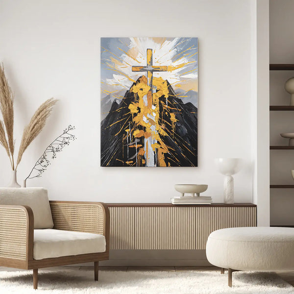 Leinwandbild handgemalt mit Acrylfarbe und Strukturpaste im Hochformat, Berg der Vergebung, 75x100 mit Bilderrahmen in Schwarz