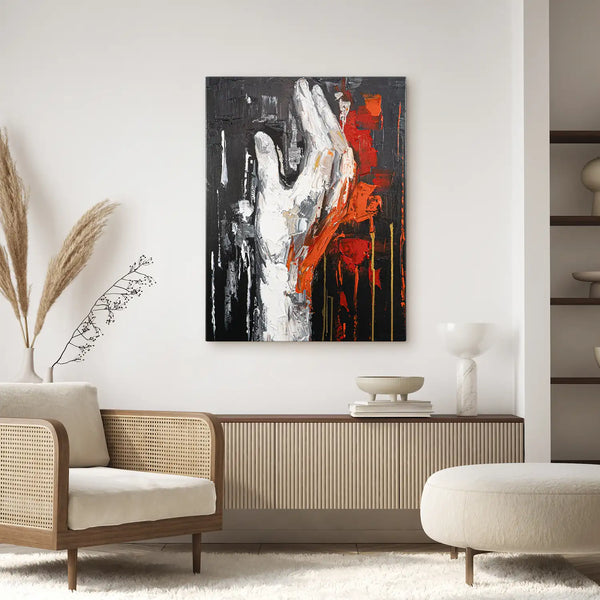 Leinwandbild handgemalt mit Acrylfarbe und Strukturpaste im Hochformat, Flamme des Willens, 75x100 mit Bilderrahmen in Schwarz