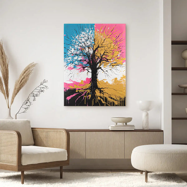 Leinwandbild handgemalt mit Acrylfarbe und Strukturpaste im Hochformat, Chromatischer Wipfel, 75x100 mit Bilderrahmen in Schwarz