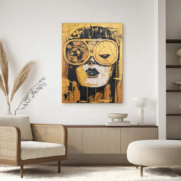 Leinwandbild handgemalt mit Acrylfarbe und Strukturpaste im Hochformat, Die Zukunft traegt Gold, 75x100 mit Bilderrahmen in Schwarz