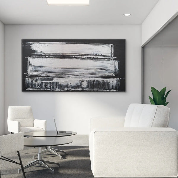 Leinwandbild handgemalt Gemälde mit Acrylfarbe und Strukturpaste im Panorama, Klang des Metalls, 120x60 mit Bilderrahmen in Schwarz