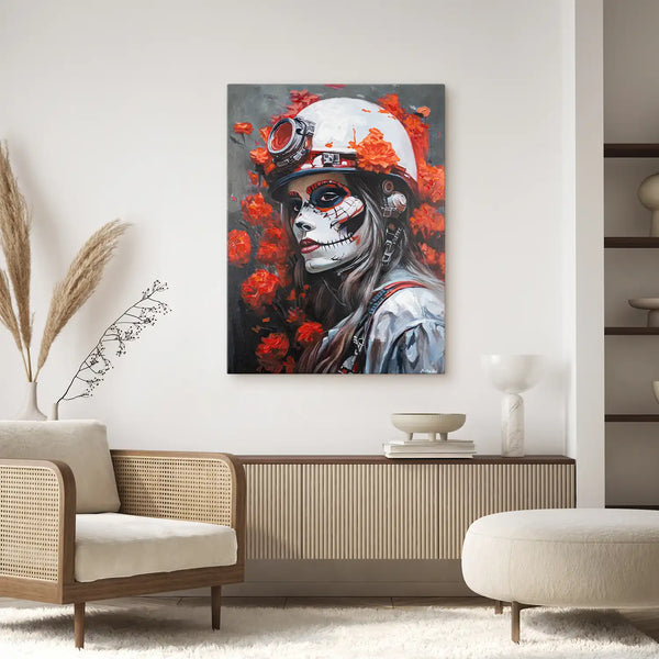 Leinwandbild handgemalt mit Acrylfarbe und Strukturpaste im Hochformat, Bluete der Schattenkriegerin, 75x100 mit Bilderrahmen in Schwarz