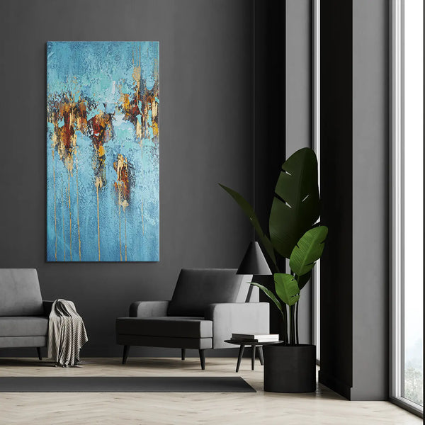 Leinwandbild handgemalt Gemälde mit Acrylfarbe und Strukturpaste im Hochformat, Zeitlose Seele, 60x120 mit Bilderrahmen in Schwarz