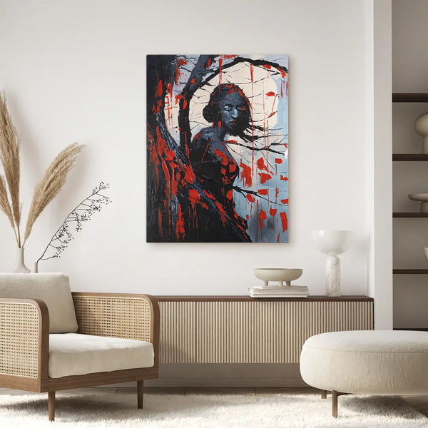 Leinwandbild handgemalt mit Acrylfarbe und Strukturpaste im Hochformat, Schwarze Phytomorphe, 75x100 mit Bilderrahmen in Schwarz