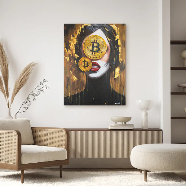 Leinwandbild handgemalt mit Acrylfarbe und Strukturpaste im Hochformat, Der Schleier des Reichtums, 75x100 mit Bilderrahmen in Schwarz