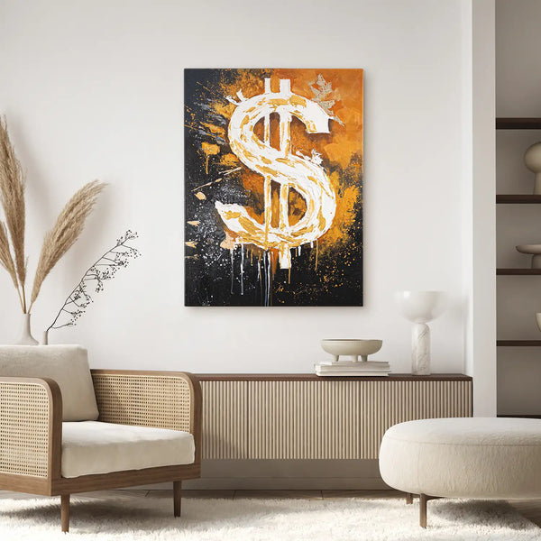 Leinwandbild handgemalt mit Acrylfarbe und Strukturpaste im Hochformat, Dollar, 75x100 mit Bilderrahmen in Schwarz