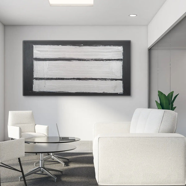 Leinwandbild handgemalt Gemälde mit Acrylfarbe und Strukturpaste im Panorama, Reflexion, 120x60 mit Bilderrahmen in Schwarz