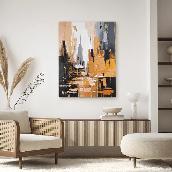 Leinwandbild handgemalt mit Acrylfarbe und Strukturpaste im Hochformat, Skyscraper, 75x100 mit Bilderrahmen in Schwarz