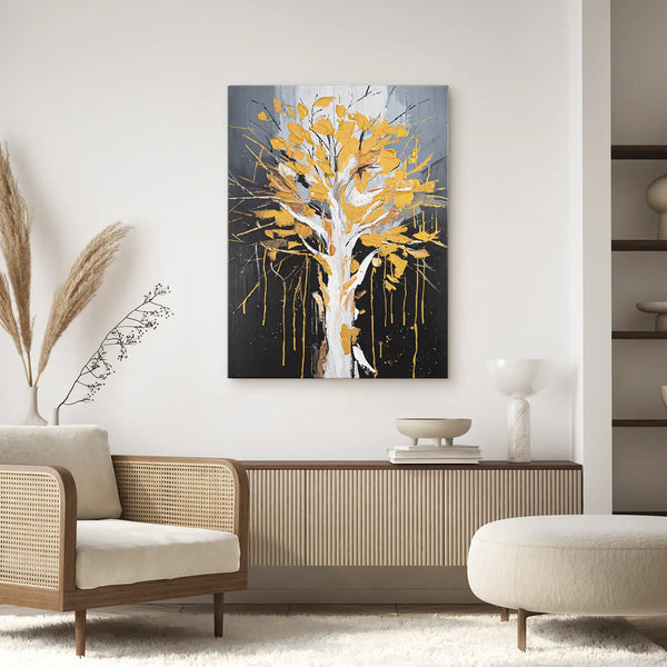 Leinwandbild handgemalt mit Acrylfarbe und Strukturpaste im Hochformat, Golden Leaves, 75x100 mit Bilderrahmen in Schwarz