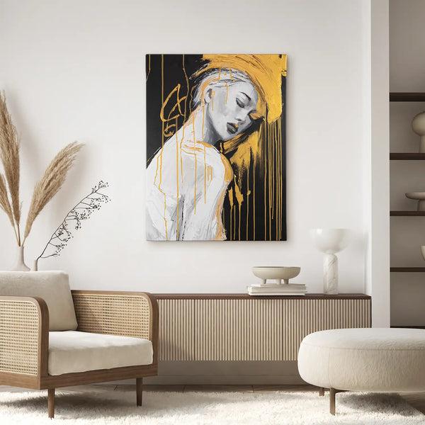 Leinwandbild handgemalt mit Acrylfarbe und Strukturpaste im Hochformat, Das goldene Schweigen, 75x100 mit Bilderrahmen in Schwarz