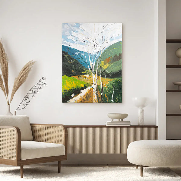 Leinwandbild handgemalt mit Acrylfarbe und Strukturpaste im Hochformat, fruehlingserwachen, 75x100 mit Bilderrahmen in Schwarz