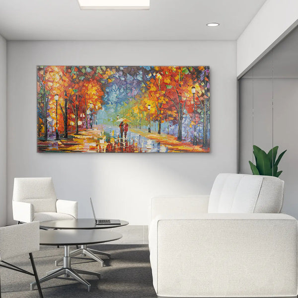 Leinwandbild handgemalt mit Acrylfarbe und Strukturpaste im Panorama, Der Weg des Lichts, 60x120 mit Bilderrahmen in Schwarz