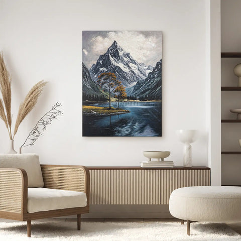 Leinwandbild handgemalt mit Acrylfarbe und Strukturpaste im Hochformat, Zwischen Berg und See, 75x100 mit Bilderrahmen in Schwarz