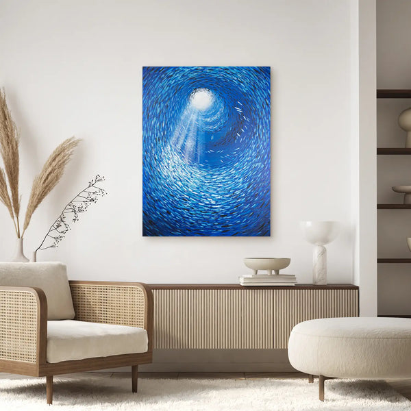 Leinwandbild handgemalt mit Acrylfarbe und Strukturpaste im Hochformat, Tiefen der Stille, 75x100 mit Bilderrahmen in Schwarz