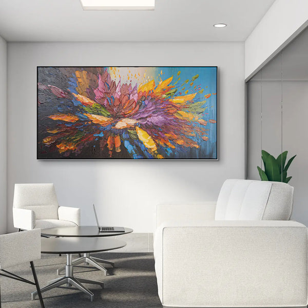 Leinwandbild handgemalt Gemälde mit Acrylfarbe und Strukturpaste im Panorama, Tanz der Farben, 160x80 ohne Rahmen