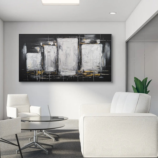 Leinwandbild handgemalt Gemälde mit Acrylfarbe und Strukturpaste im Panorama, Dunkle Eleganz, 160x80 ohne Rahmen