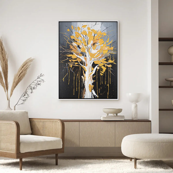 Leinwandbild handgemalt mit Acrylfarbe und Strukturpaste im Hochformat, Golden Leaves, 120x160 ohne Rahmen