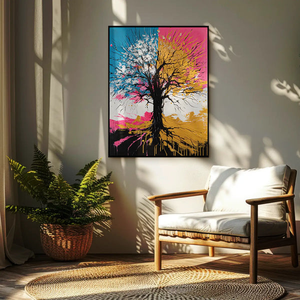 Leinwandbild handgemalt mit Acrylfarbe und Strukturpaste im Hochformat, Chromatischer Wipfel, 150x200 mit Bilderrahmen in Eiche Hell