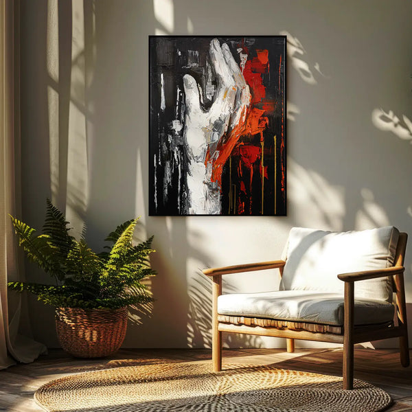 Leinwandbild handgemalt mit Acrylfarbe und Strukturpaste im Hochformat, Flamme des Willens, 150x200 mit Bilderrahmen in Eiche Hell