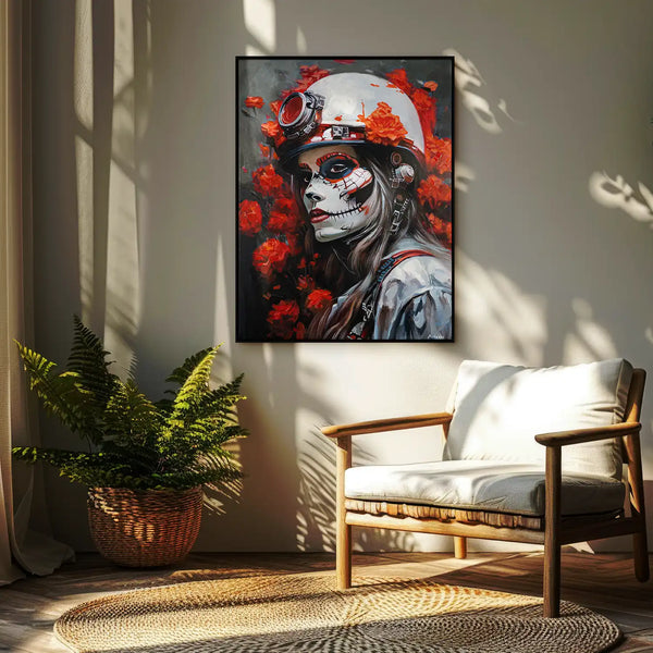 Leinwandbild handgemalt mit Acrylfarbe und Strukturpaste im Hochformat, Bluete der Schattenkriegerin, 150x200 mit Bilderrahmen in Eiche Hell