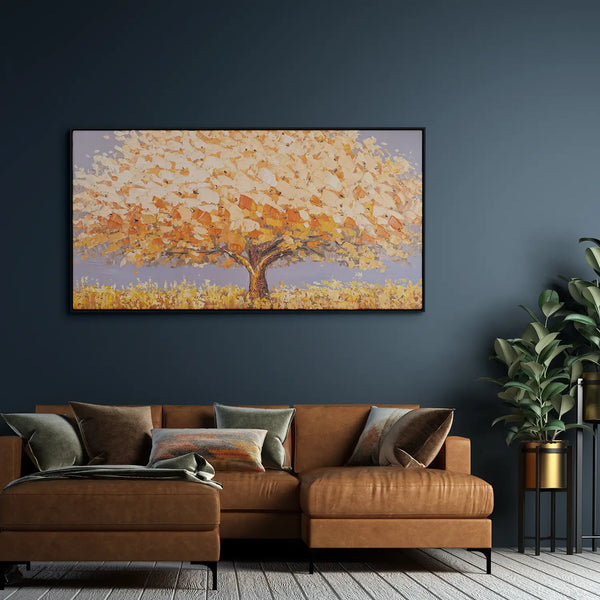 Leinwandbild handgemalt mit Acrylfarbe und Strukturpaste im Panorama, Dualitaet der Natur, 100x200 mit Bilderrahmen in Eiche Hell