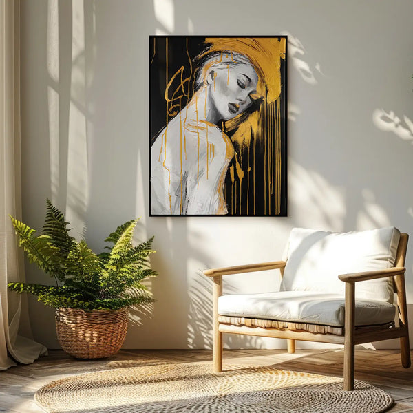 Leinwandbild handgemalt mit Acrylfarbe und Strukturpaste im Hochformat, Das goldene Schweigen, 150x200 mit Bilderrahmen in Eiche Hell