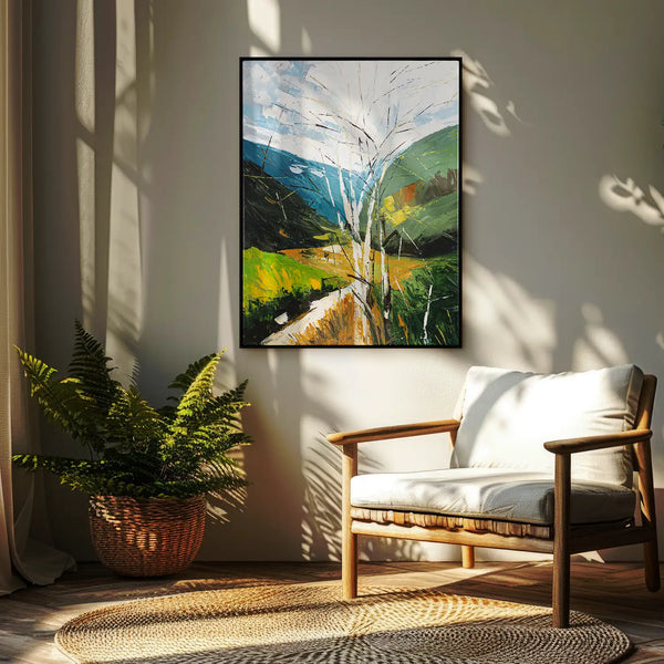 Leinwandbild handgemalt mit Acrylfarbe und Strukturpaste im Hochformat, fruehlingserwachen, 150x200 mit Bilderrahmen in Eiche Hell