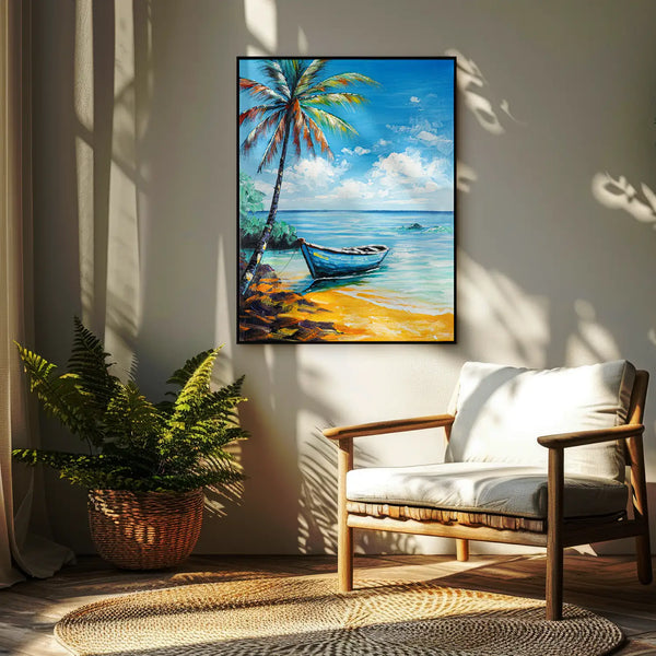 Leinwandbild handgemalt mit Acrylfarbe und Strukturpaste im Hochformat, Flucht in die Stille, 150x200 mit Bilderrahmen in Eiche Hell