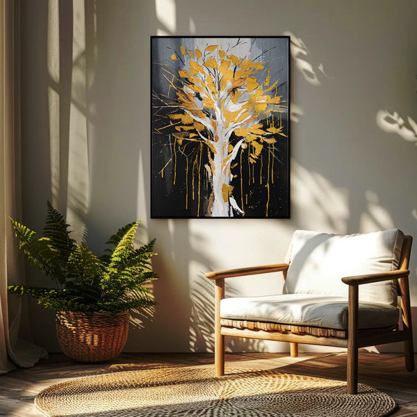 Leinwandbild handgemalt mit Acrylfarbe und Strukturpaste im Hochformat, Golden Leaves, 150x200 mit Bilderrahmen in Eiche Hell