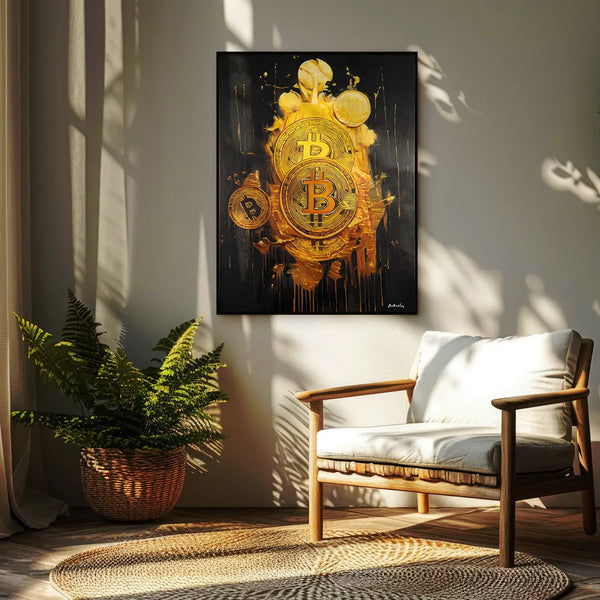 Leinwandbild handgemalt mit Acrylfarbe und Strukturpaste im Hochformat, Goldene Illusionen, 150x200 mit Bilderrahmen in Eiche Hell